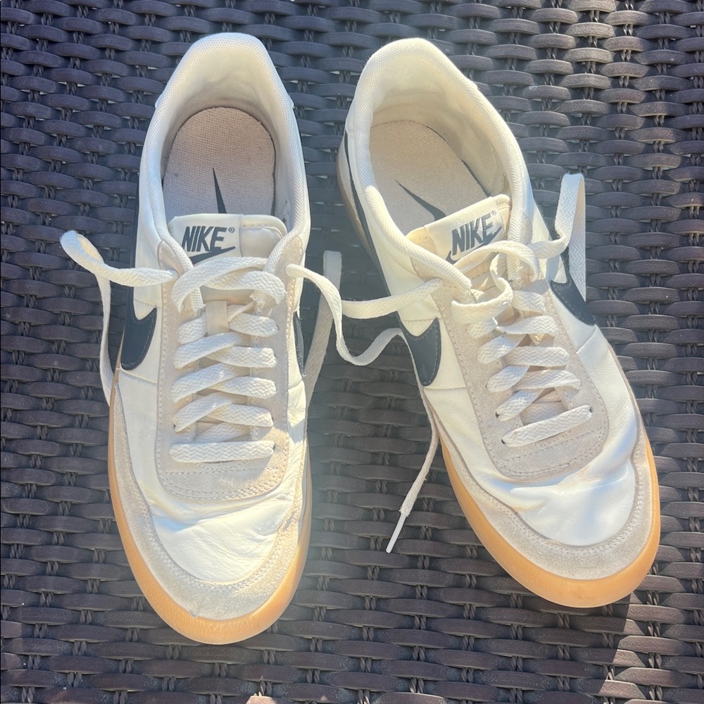 Nike White and Beige Sneakers with Black Swoosh